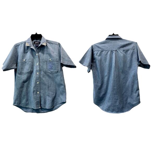 80s Sperry Top Sider Chambray Work Shirt w Rhinestone Collar Tips | XS - Picture 7 of 9